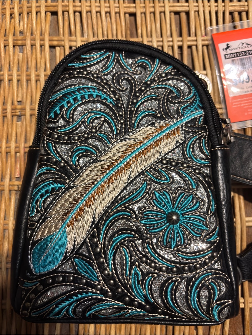 Montana West Black & Teal Feather Embroidered Crossbody Bag